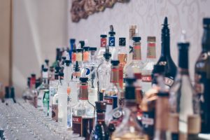 Assorted spirit bottles at bar